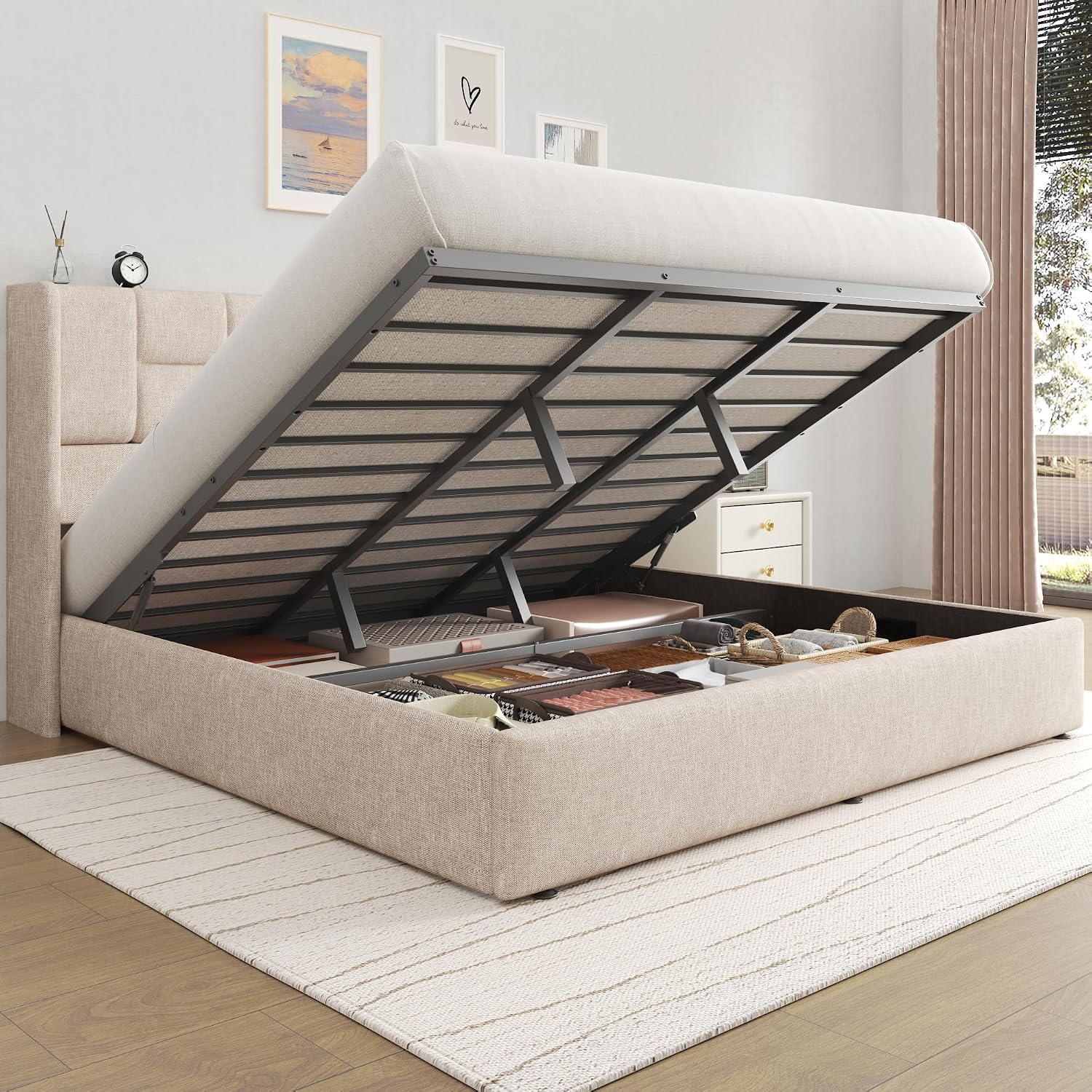Gas Lift Storage Bed Hydraulic - キングサイズベッドフレーム、油圧式ガスリフト、収納付き、リネン張りのプラットフォーム、カスタムメイド