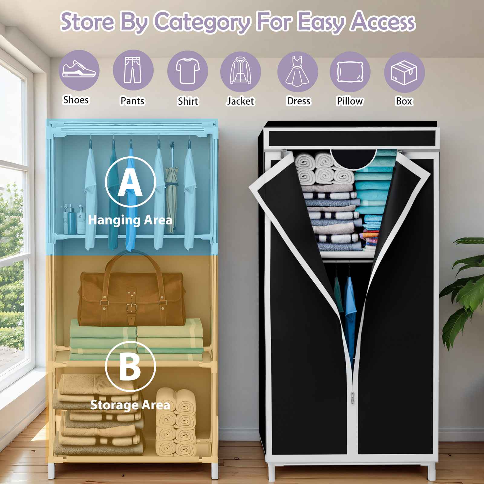 Wardrobe Closet Portable Fabric Cover - ポータブルファブリックワードローブクローゼットガーメントラック、吊り下げラック付き、フルダストカバー、防塵カバー、16mm、寝室、アパート、寮用
