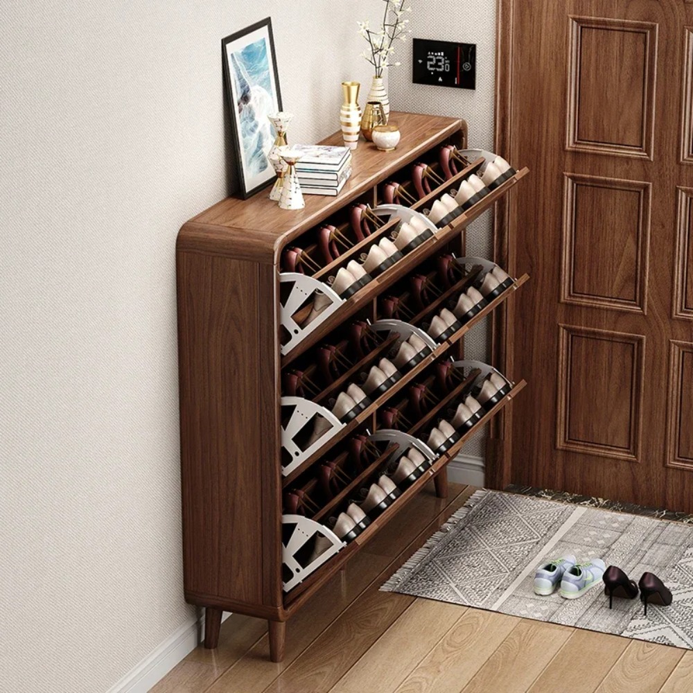 Shoe Rack Cabinet Narrow Entryway - スリムな折りたたみ式靴箱、素朴な木製玄関靴棚、狭い靴収納オーガナイザー、廊下やリビングルーム用