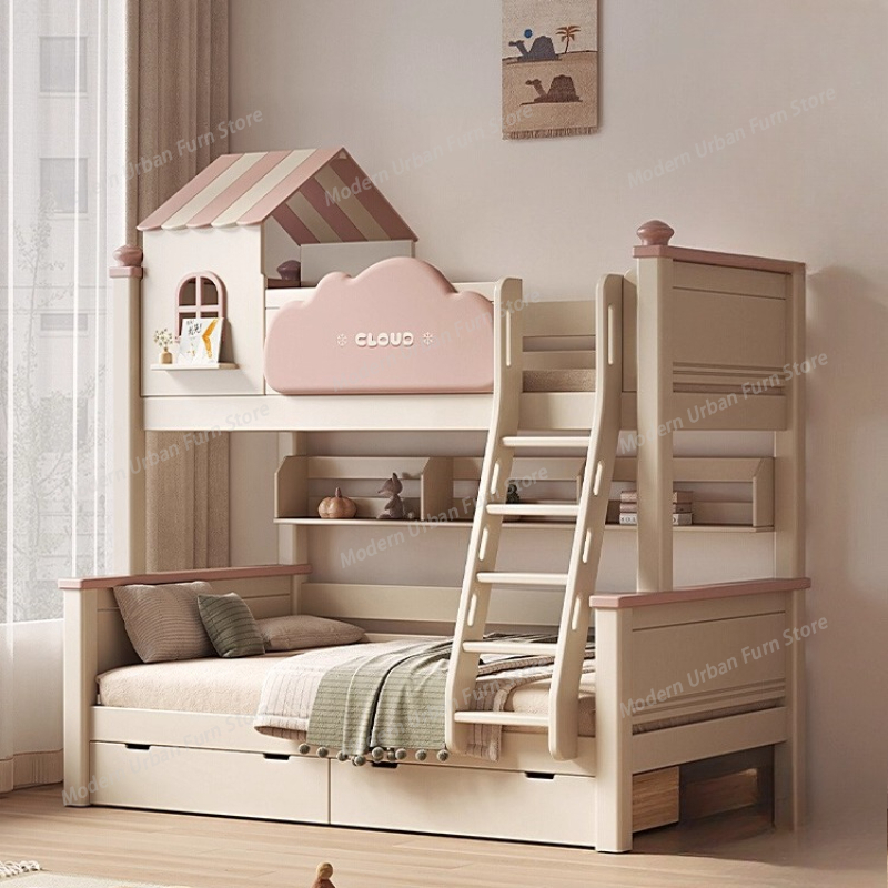 King Size Bed Frame With Storage Drawers - 幼児用家具 引き出し収納付き二段ベッド 北欧風 おしゃれでユニークなキングサイズフレーム二段ベッド アップダウンラダー付き モンテッソーリベッド