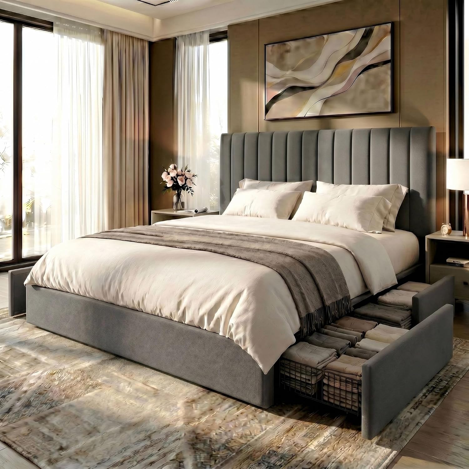 King Size Bed Frame With Storage Drawers - キングサイズのプラットフォームベッドフレーム。特大サイズの収納引き出しが4つ付属。カスタマイズ可能。