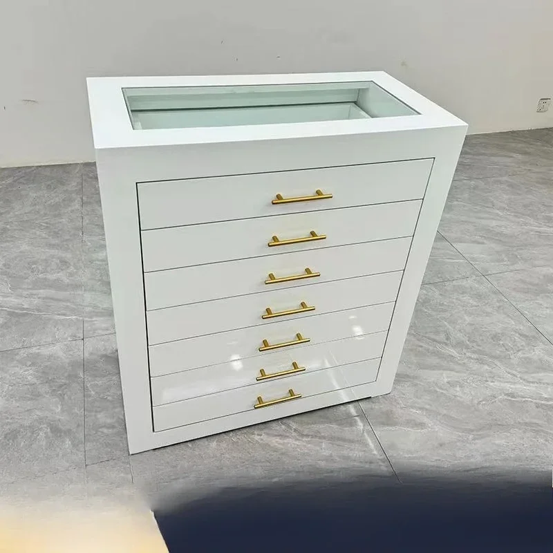Storage - ジュエリー収納用のカウンター、衣料品店用の両面ジュエリー展示キャビネット、多層式の中央アイランド。