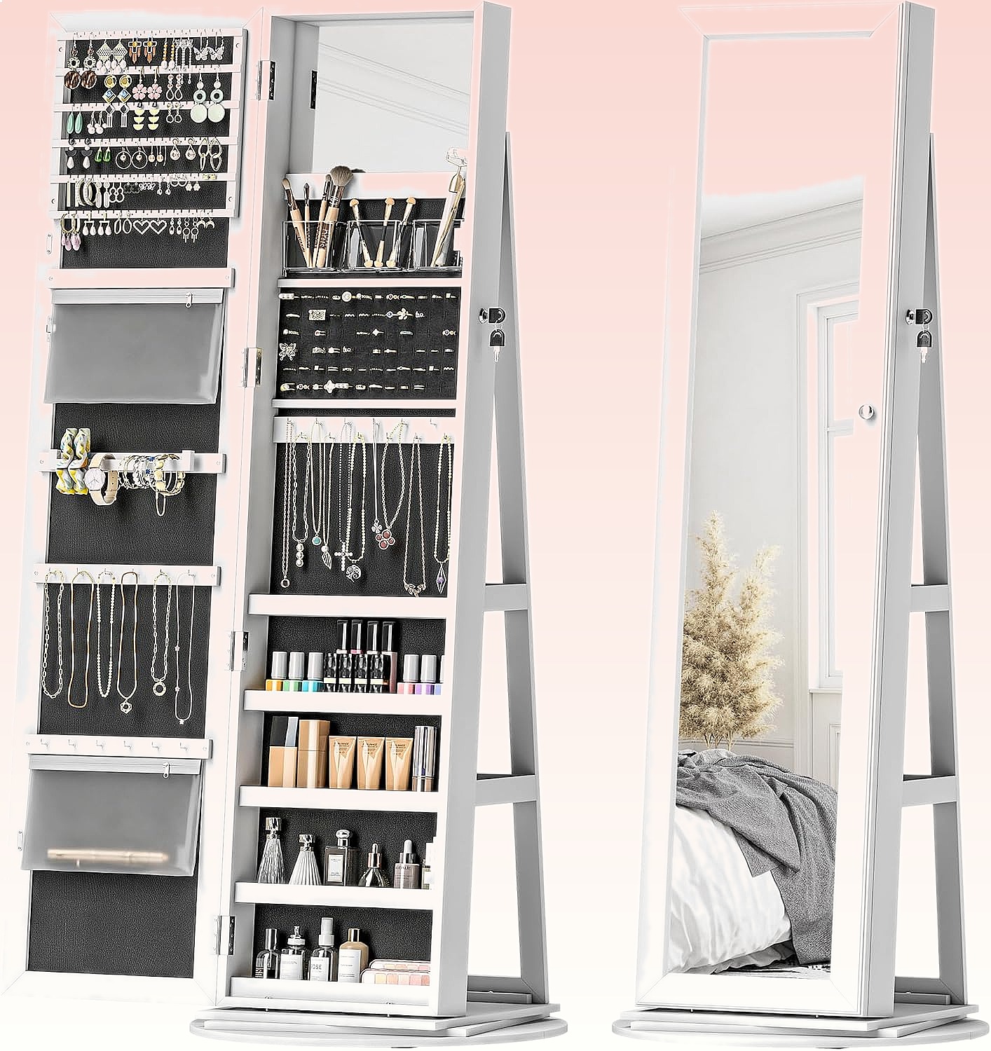 Full Length Mirror Jewelry Armoire - HOMCOM 360 ° 回転式ロック付きジュエリーアルモアオーガナイザー、全身鏡と棚付き、ホワイト