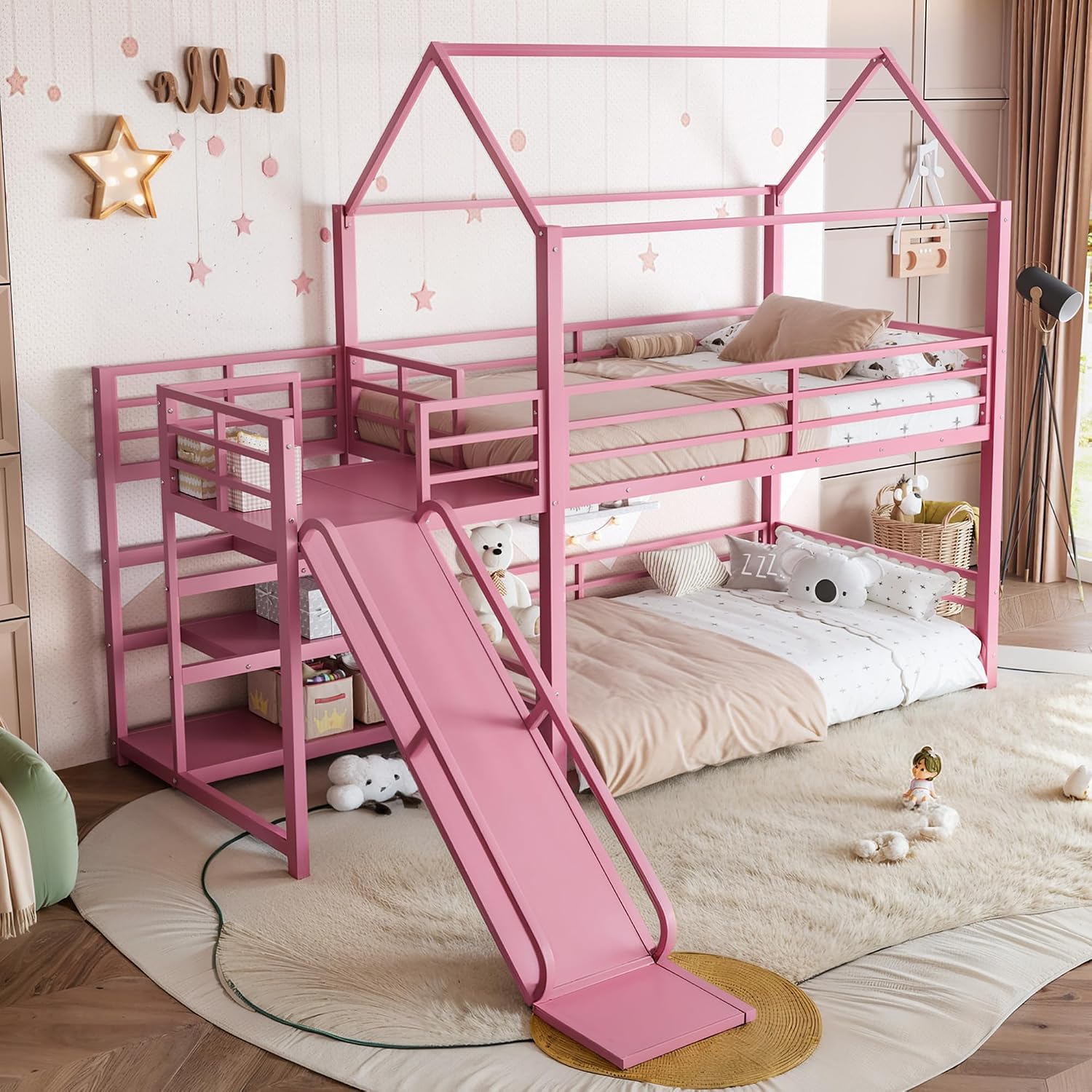 Bunk Bed With Stairs And Slide - スライド付き二段ベッド、収納付き階段、頑丈なハウス型金属製ベッド（子供用）、スプリングマットレスは不要、ピンク、カスタマイズ可能。