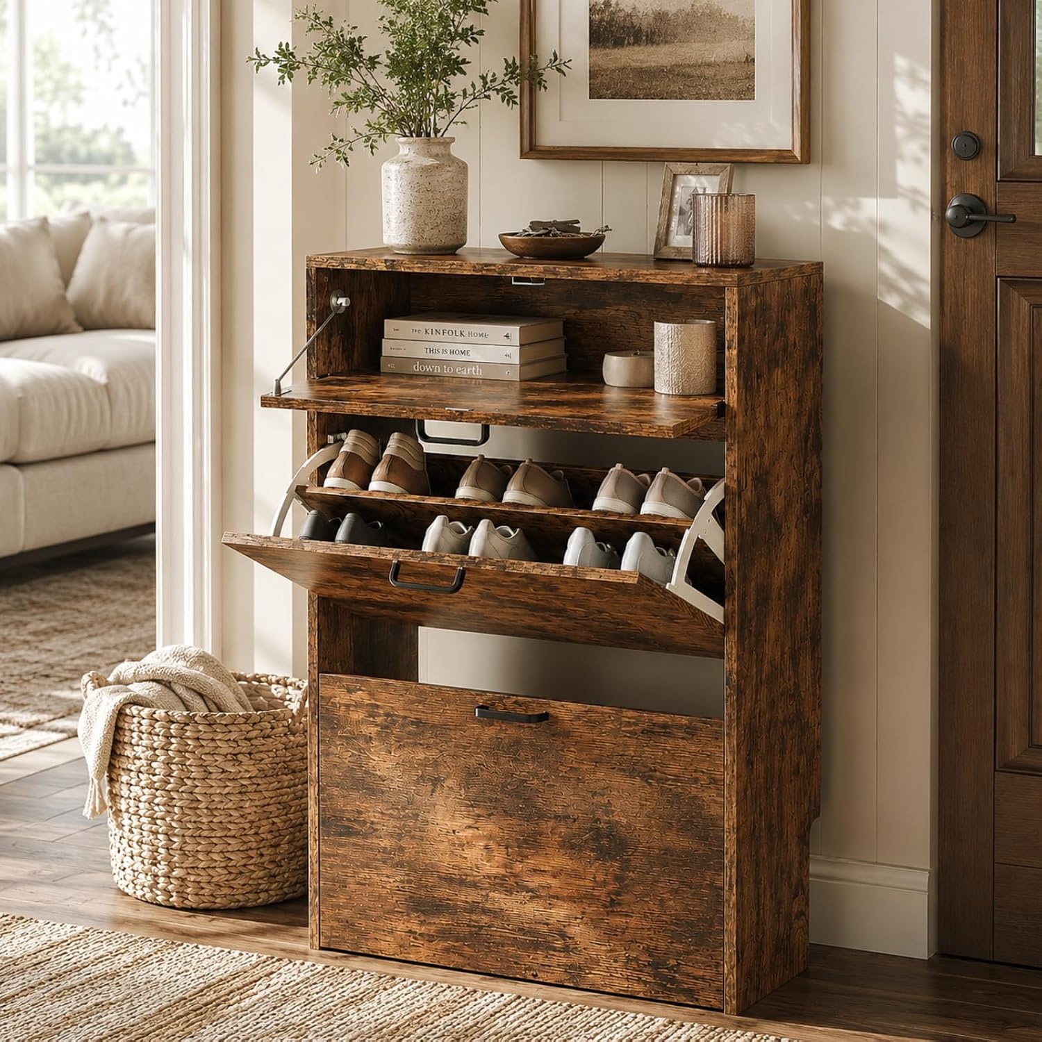 Shoe Rack Cabinet Narrow Entryway - # スリムシューズキャビネット、2つのフリップ式と1つのドロップダウン式引き出し付き、幅24.8インチの狭い木製シューズオーガナイザー、玄関用、カスタマイズ可能