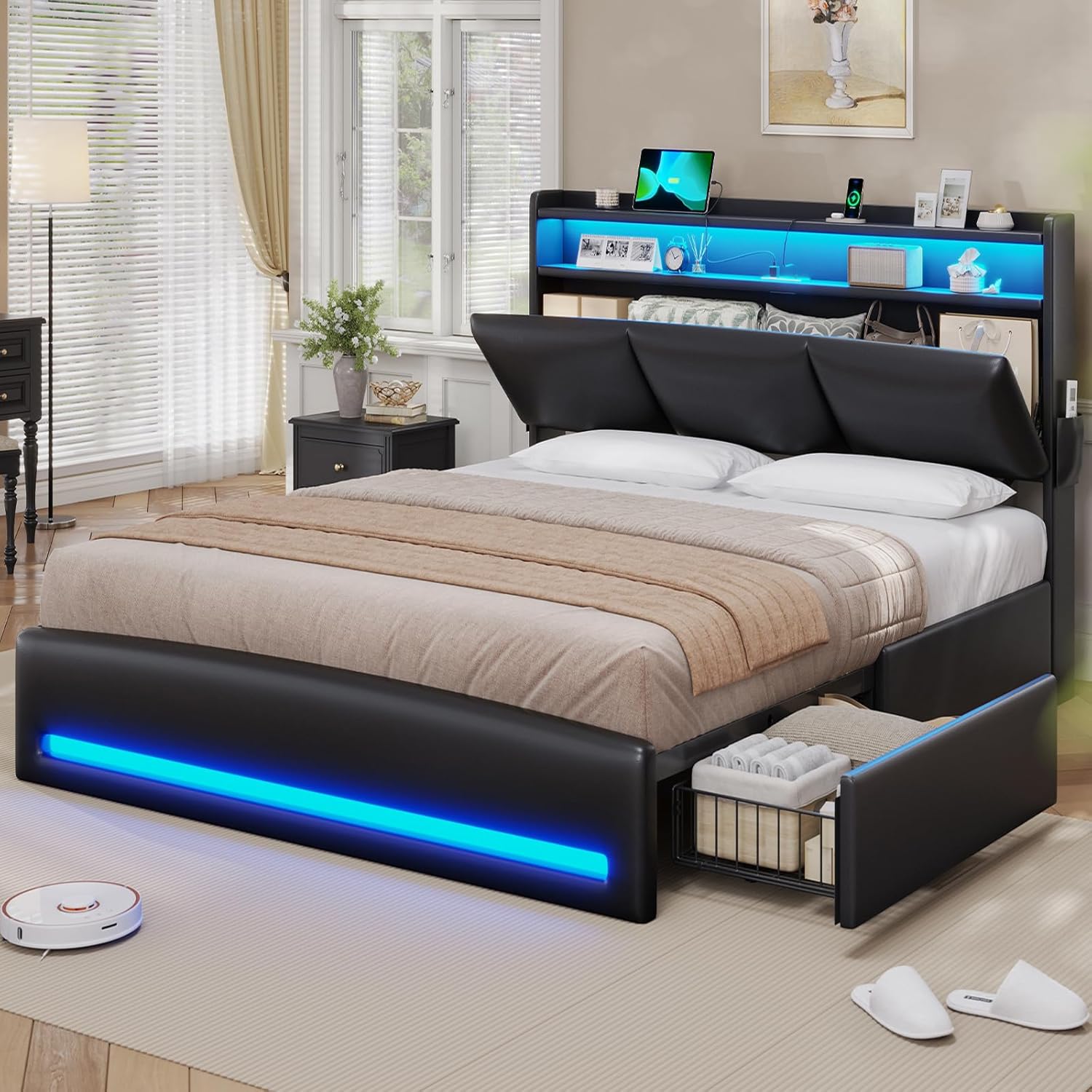 Canopy Bed Frame Metal Queen - クイーンサイズの収納付きヘッドボードと充電ステーション付き革張りベッドフレーム、4つのカスタマイズオプションあり