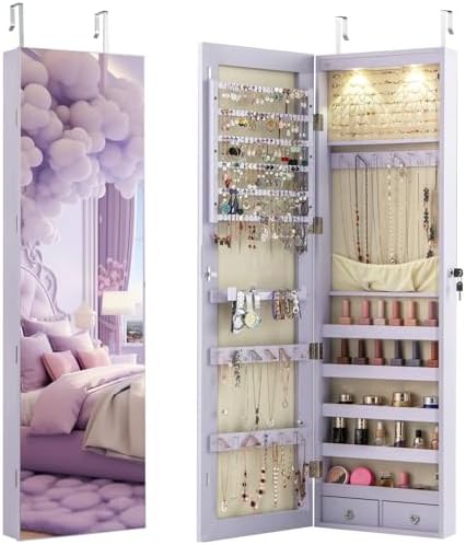 Full Length Mirror Jewelry Armoire - 壁掛けまたはドア掛け用ジュエリーアルモア、47.5インチの全身鏡付き、ロック可能なキャビネット、LEDライト2個、引き出し2個付き、オーバーヘッドタイプ