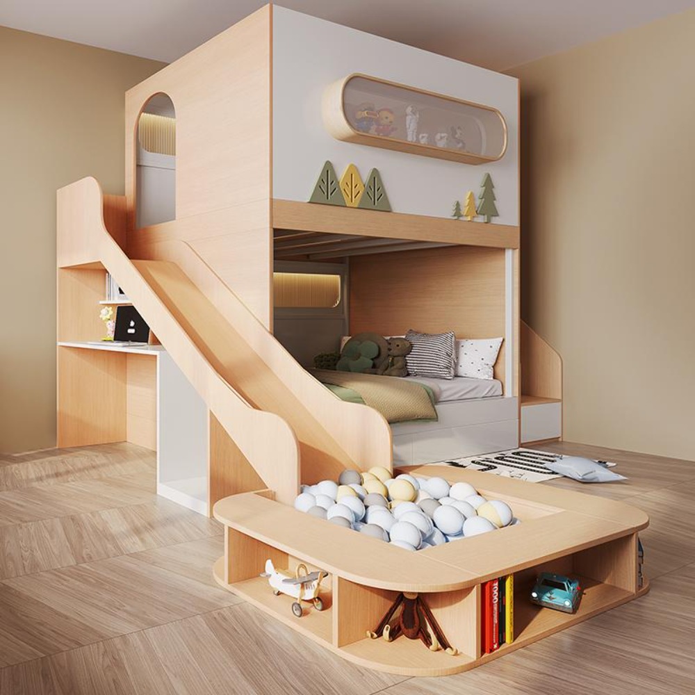 Bunk Bed With Stairs And Slide - 宇宙カプセル型ツリーハウス二段ベッド。スライドとボールプール付き。高さの異なる二段ベッドフレーム。寝室やゲームルームに最適。