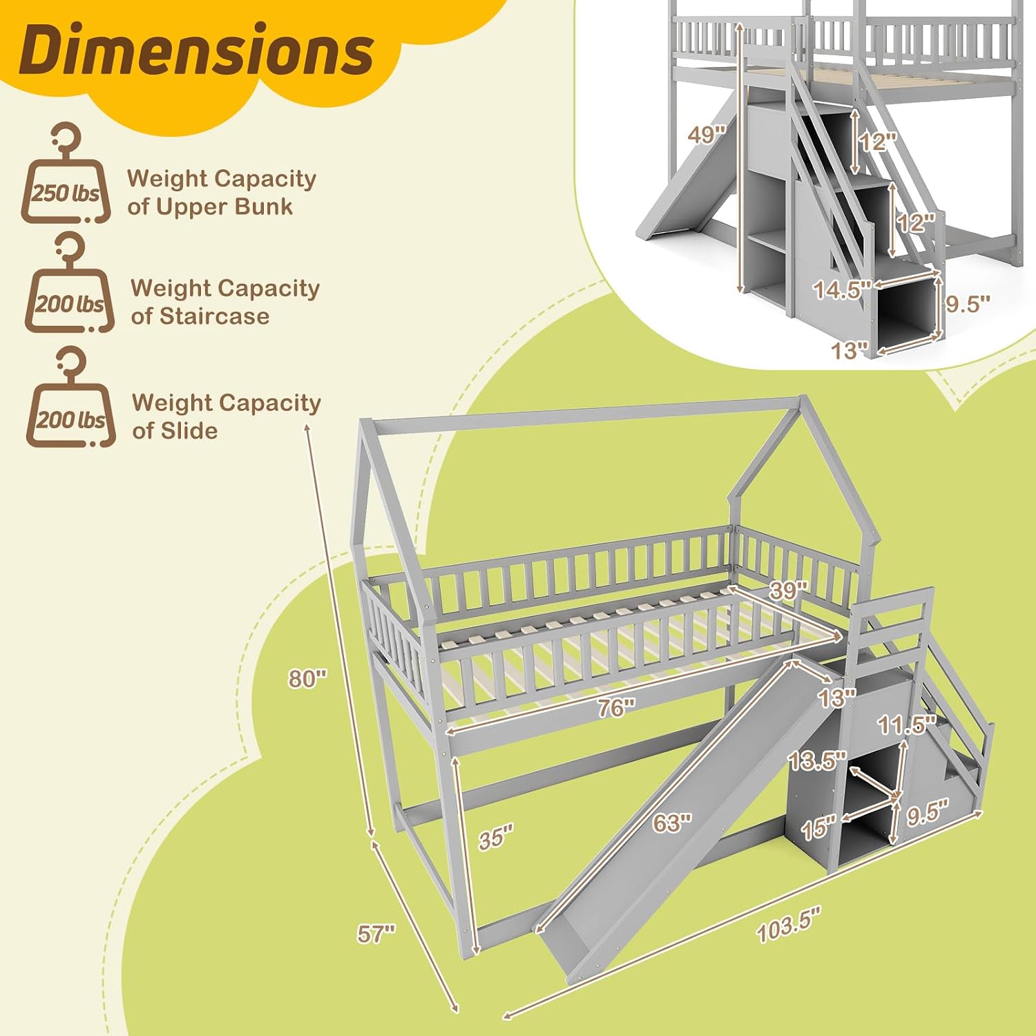 Bunk Bed With Stairs And Slide - ツインオーバーツイン二段ベッド、スライド階段と収納棚付き、子供・ティーン向け木製フロアベッド、ボックススプリング不要、カスタマイズ可能