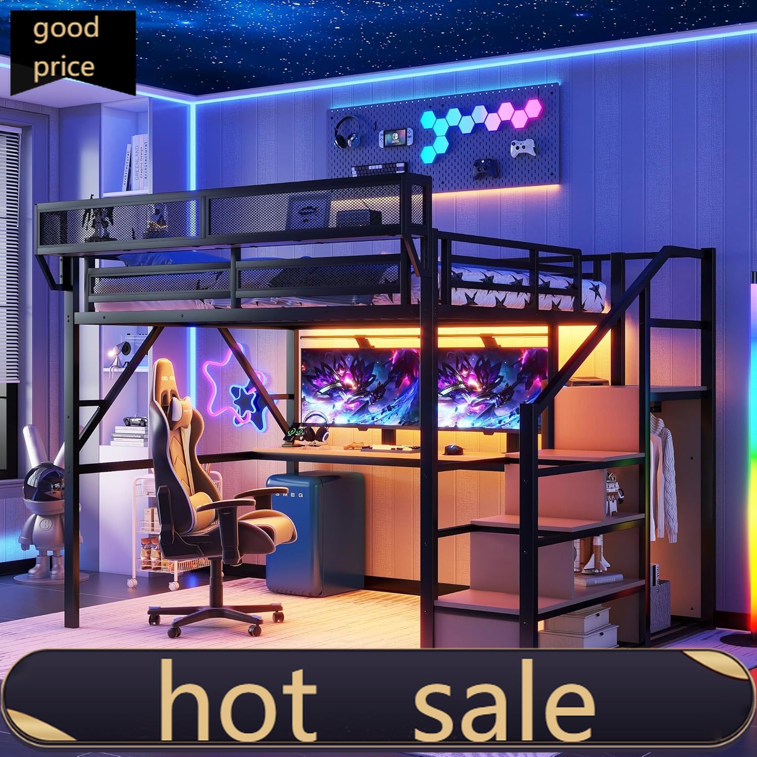 Canopy Bed Frame Metal Queen - ミライトーン クイーンロフトベッド デスクとRGBライト付き、金属製ロフトベッドフレーム 階段とベッドサイドシェルフ付き、頑丈なロフトベッド