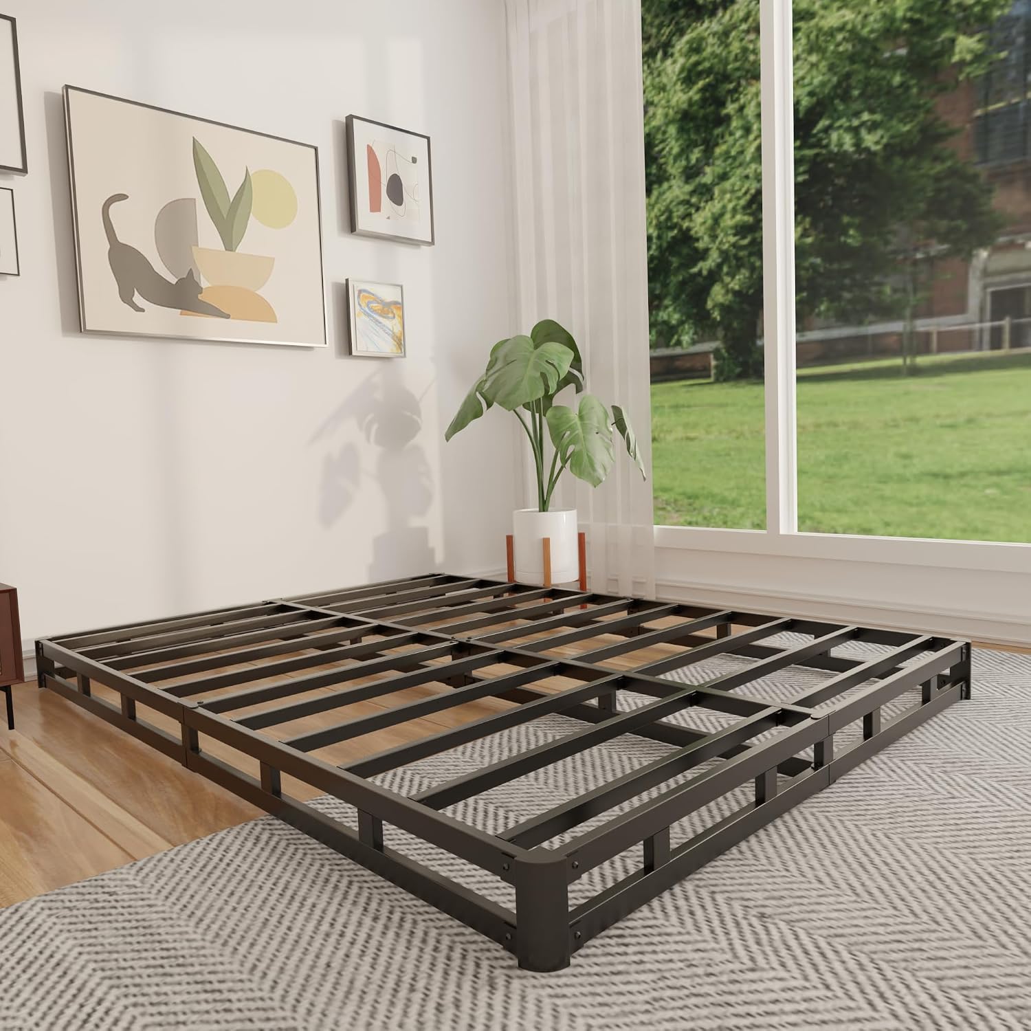 Canopy Bed Frame Metal Queen - 4インチクイーンボックススプリング、ロープロファイル、高耐久性金属製マットレスファンデーションベース、布製カバー付き、高耐荷重サポートスラットベッドフレーム、組み立て簡単、滑り止め、静音、ホワイト