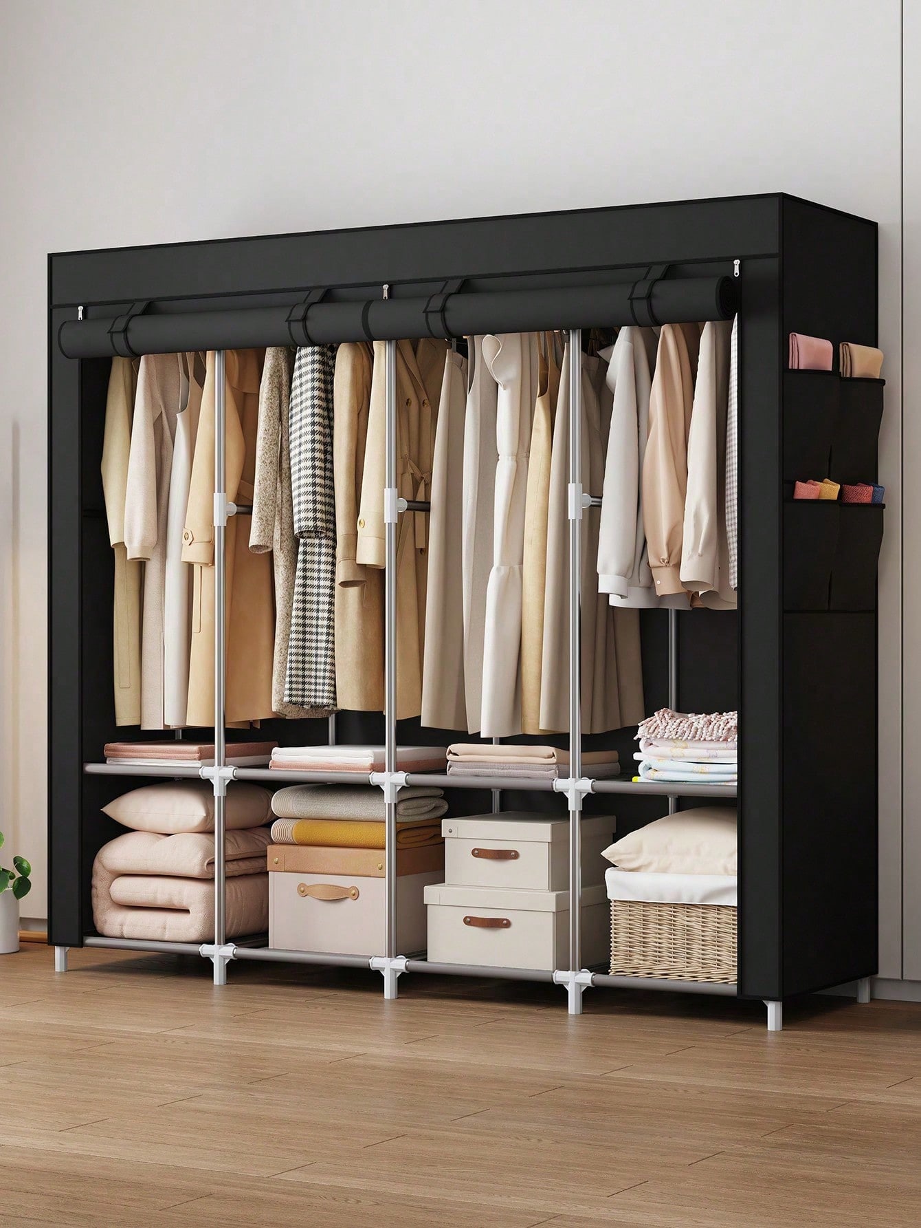 Wardrobe Closet Portable Fabric Cover - 大型ポータブルクローゼットワードローブ、モダンな黒い布製衣類収納オーガナイザーキャビネットユニット、巻き上げ式防塵カバー、金属フレーム、サイドポケット付き、寝室、賃貸部屋、新築祝いの贈り物に最適な自立型ハンギングラック