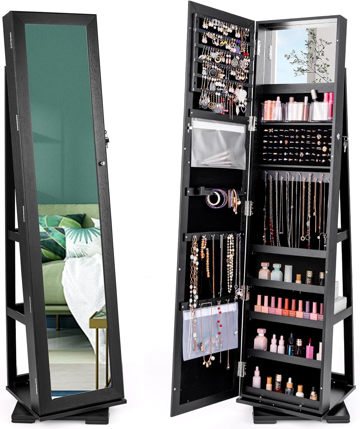 Full Length Mirror Jewelry Armoire - 黒色の自立型ロック可能360度回転ジュエリーアルモア、全身鏡付きジュエリーキャビネットオーガナイザー、内部大容量収納付き