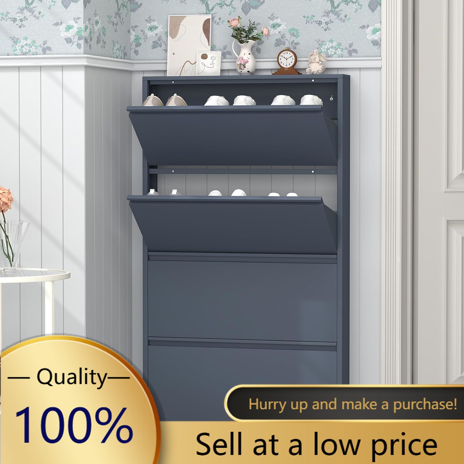 Shoe Rack Cabinet Narrow Entryway - 4つのフリップ式引き出し付きシューズキャビネット、玄関用スリムメタルシューズキャビネット収納、隠せる狭いシューラックオーガナイザーキャビネット壁掛け