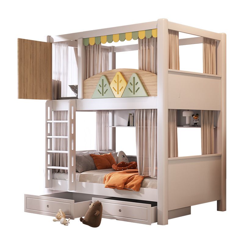 Bunk Bed With Stairs And Slide - モダンな自然テーマの子供用二段ベッド、スライドと収納階段、引き出し、本棚付き
