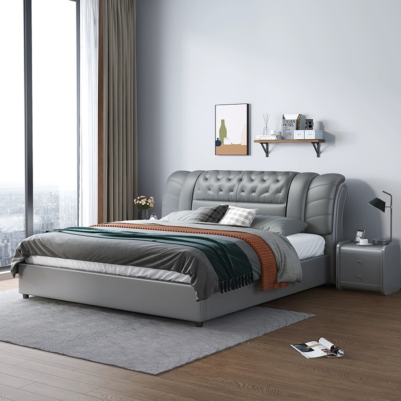 King Size Bed Frame With Storage Drawers - 北欧風高級デザインの革張りベッド、収納引き出し付きクイーン・キングサイズベッドフレーム、寝室用家具セット