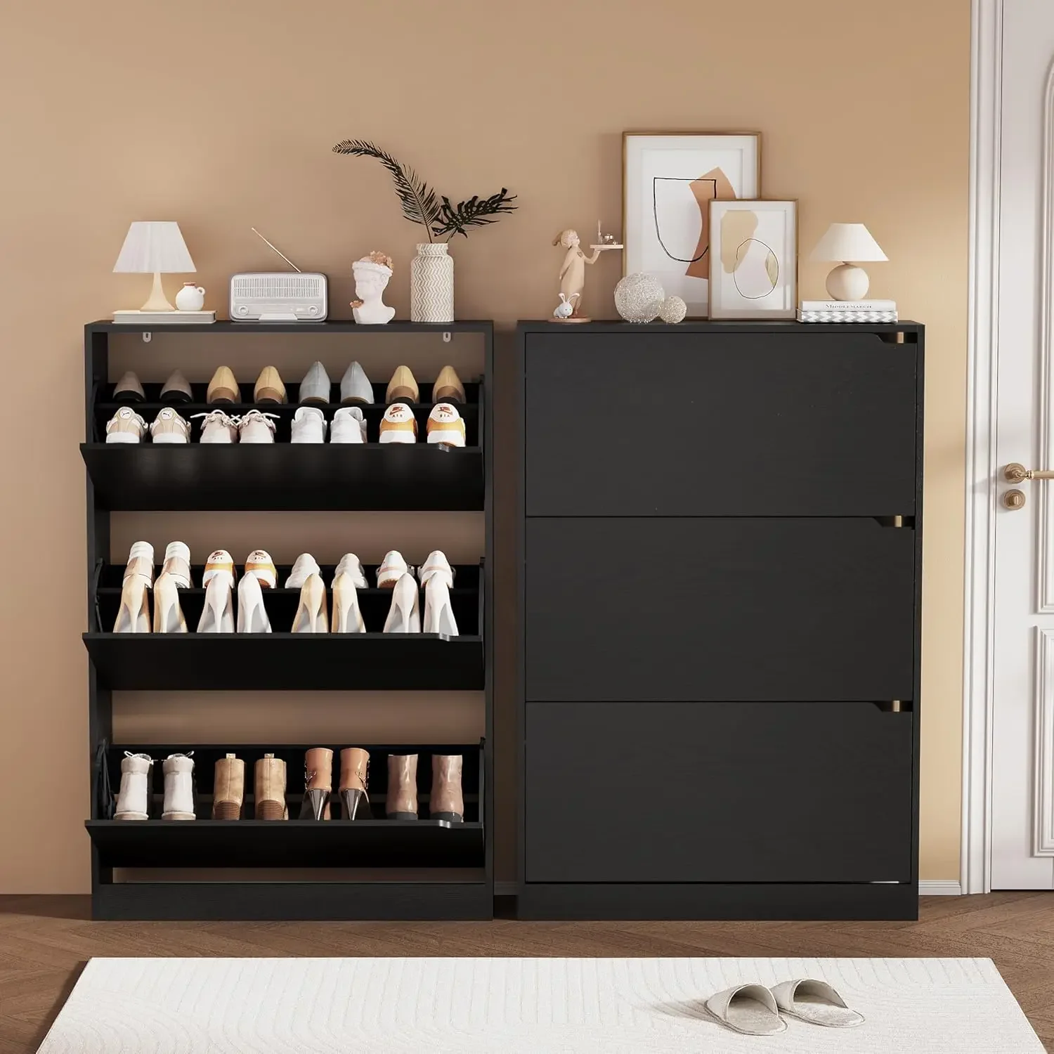 Shoe Rack Cabinet Narrow Entryway - 靴収納キャビネット、玄関用木製靴オーガナイザー（3つのフリップ式引き出し付き）、調節可能な棚付き自立式靴ラック、狭いタイプ