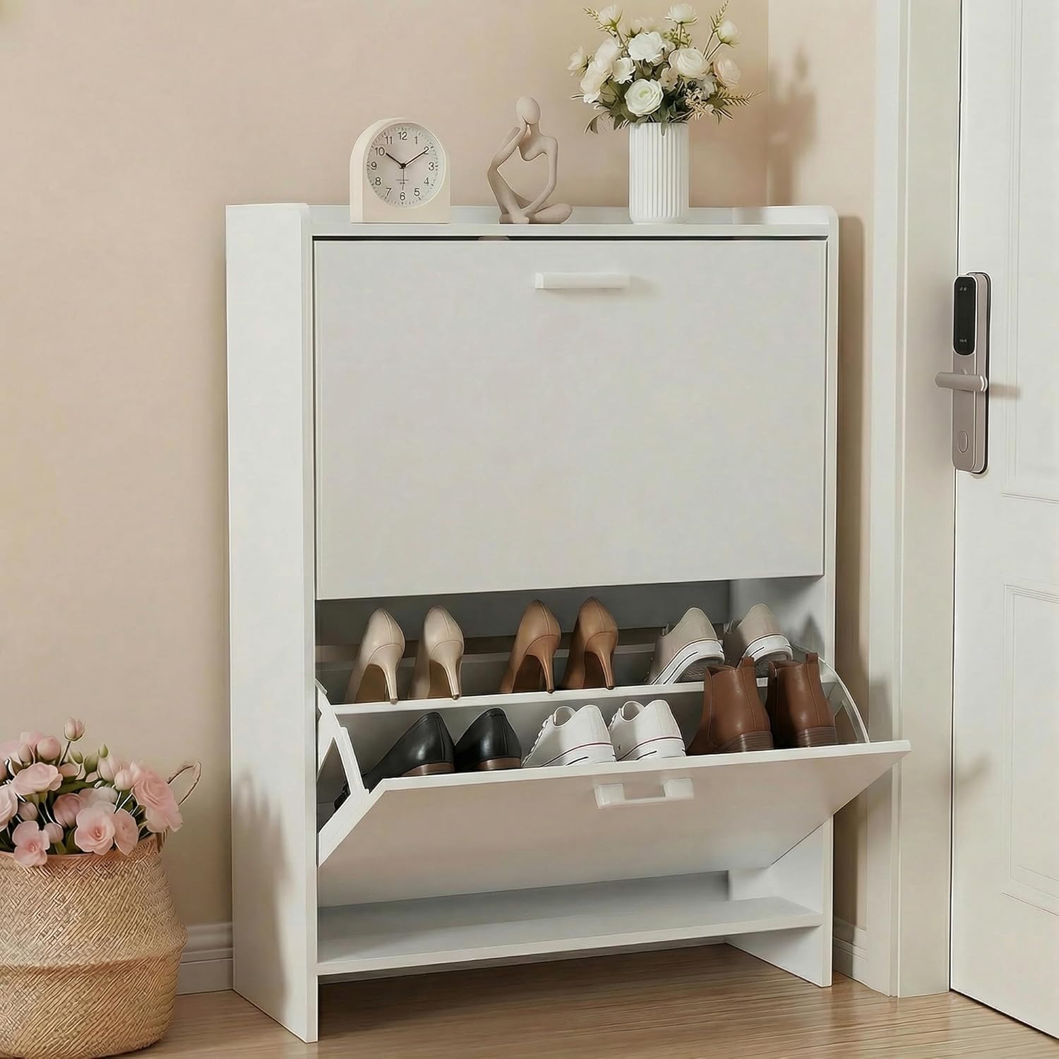 # 狭い靴箱、2つの跳ね上げ式引き出し付き、玄関や廊下用の自 - Shoe Rack Cabinet Narrow Entryway のレビューと価格