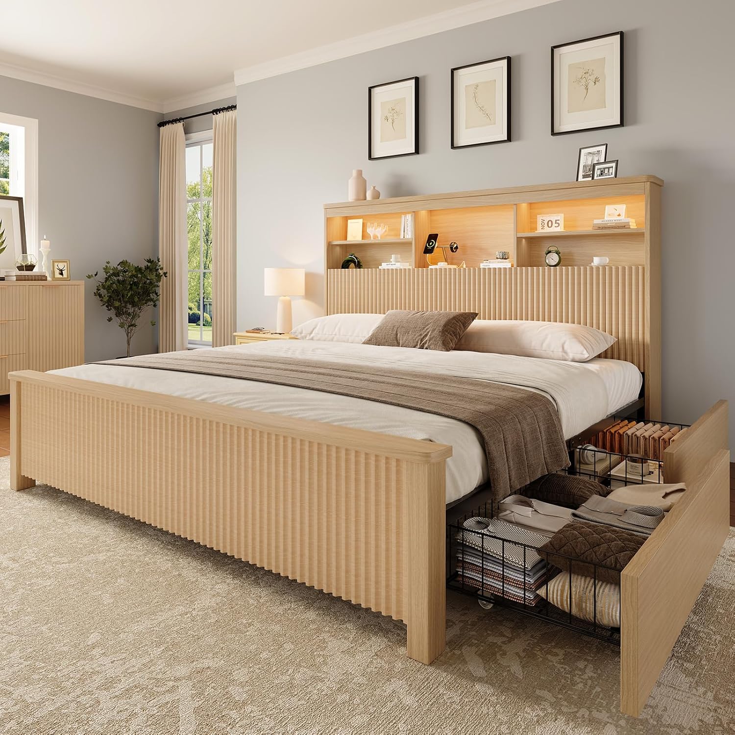 クイーンサイズベッドフレーム、収納引き出し4つ付き、ナチュラ - Canopy Bed Frame Metal Queen のレビューと価格