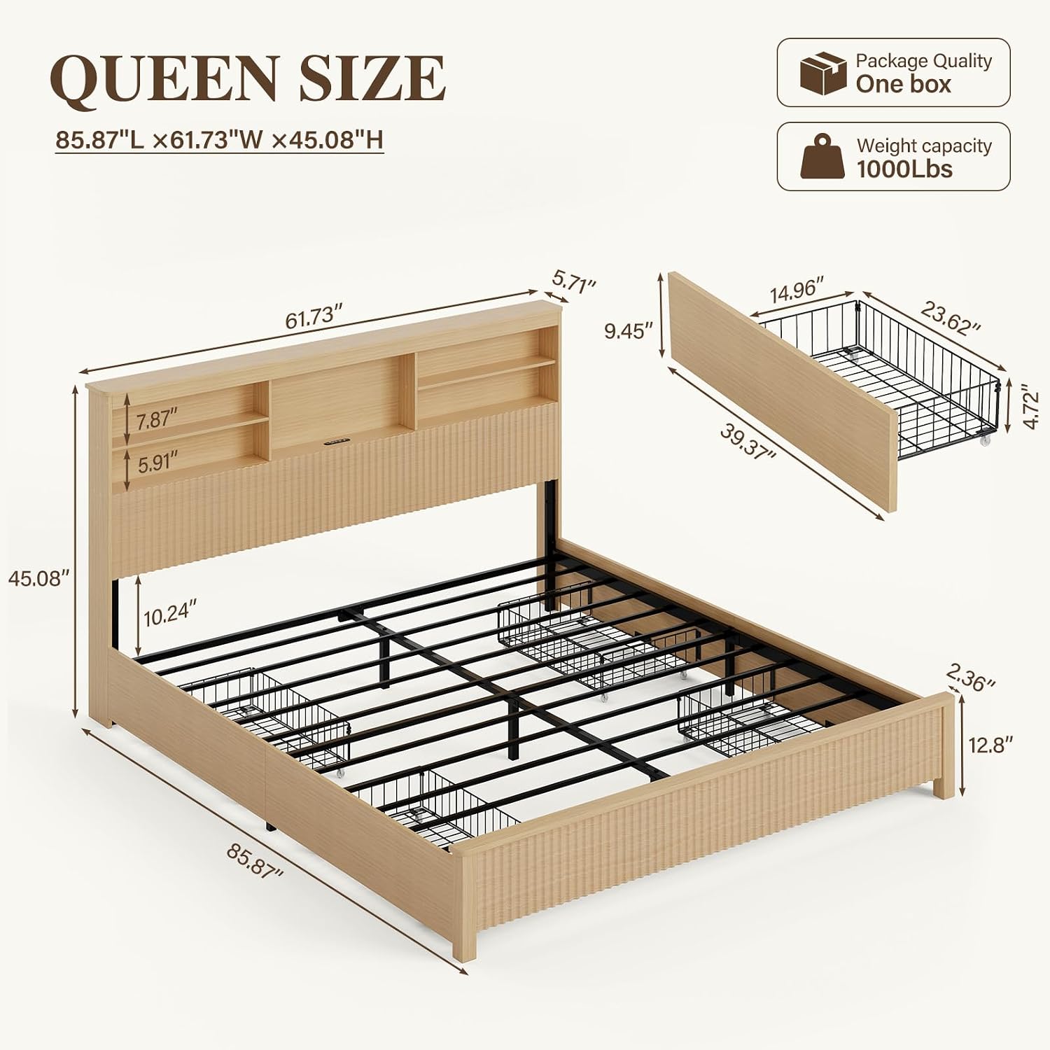 クイーンサイズベッドフレーム、収納引き出し4つ付き、ナチュラ - Canopy Bed Frame Metal Queen のレビューと価格