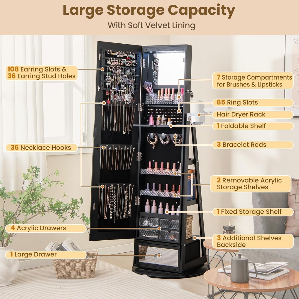 360 °   回転式ジュエリーキャビネット アーモワール  - Full Length Mirror Jewelry Armoire のレビューと価格