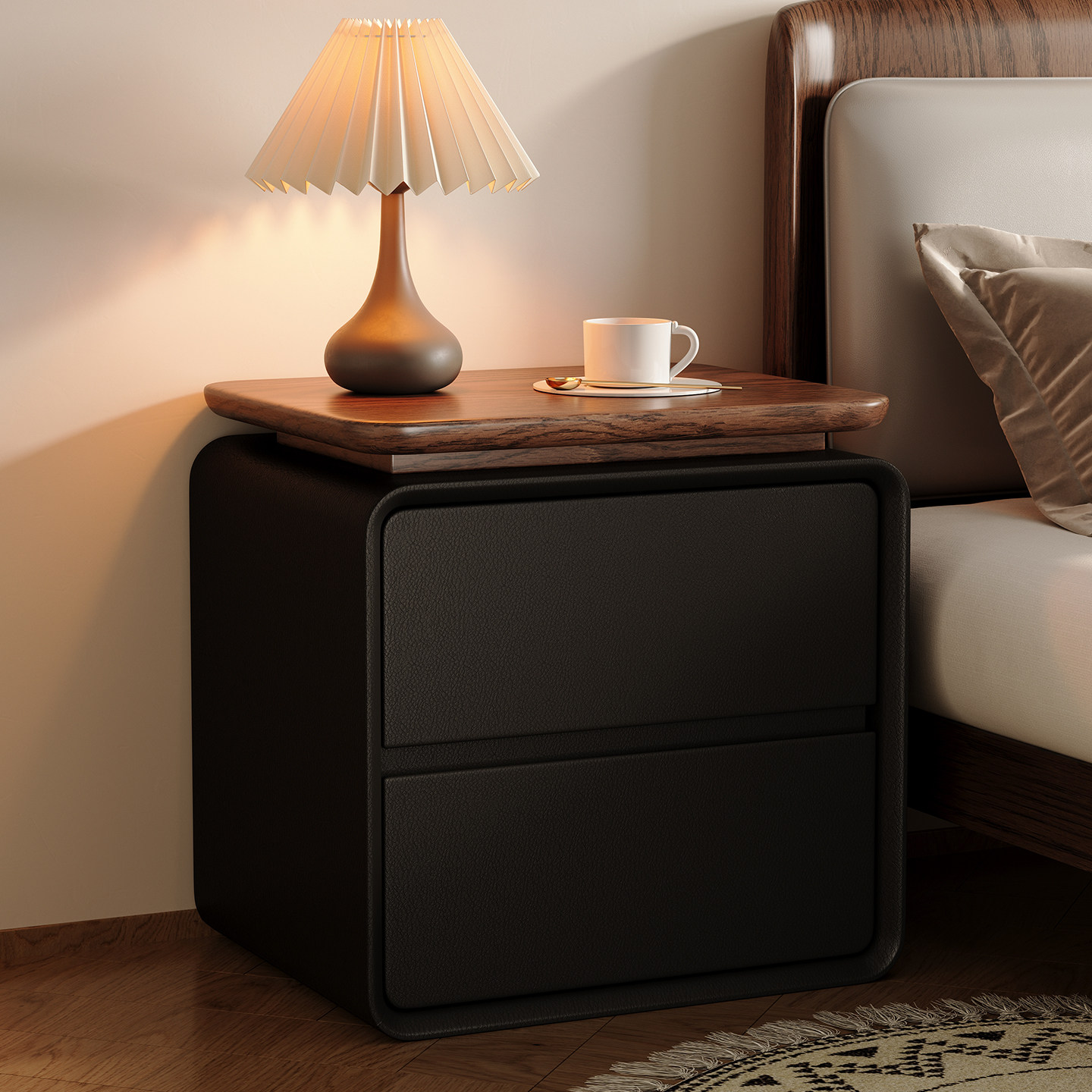 モダンでミニマルなデザインの、猫の爪による傷がつきにくいレザ - Solid Wood Nightstand 2 Drawers のレビューと価格