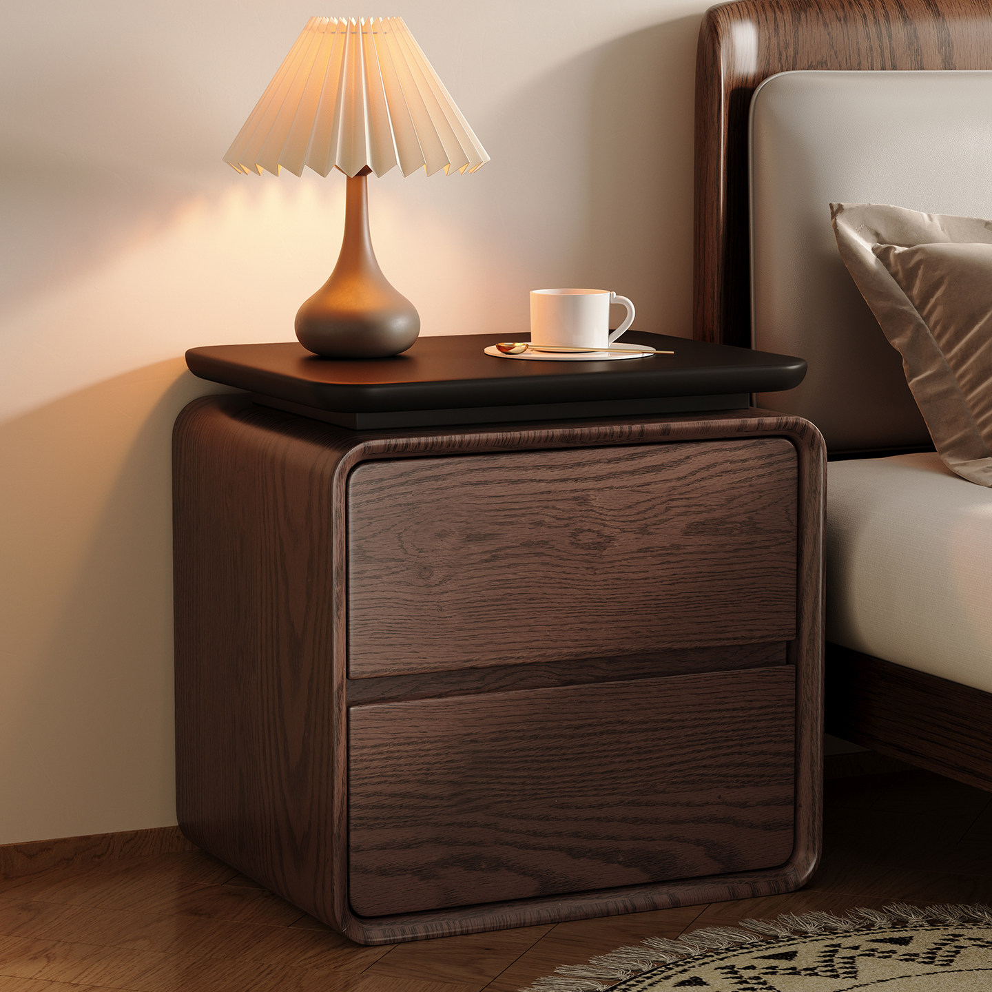 モダンでミニマルなデザインの、猫の爪による傷がつきにくいレザ - Solid Wood Nightstand 2 Drawers のレビューと価格