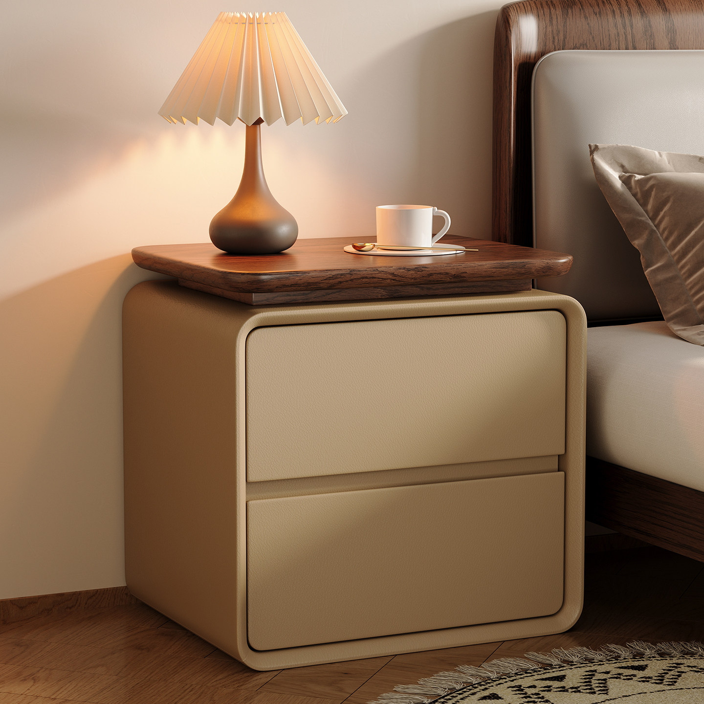 モダンでミニマルなデザインの、猫の爪による傷がつきにくいレザ - Solid Wood Nightstand 2 Drawers のレビューと価格