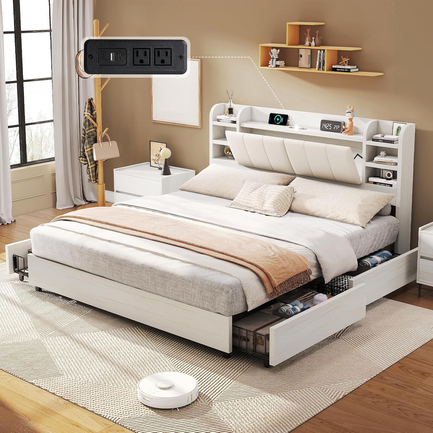 キングサイズ布張りプラットフォームベッド、本棚付きヘッドボー - King Size Bed Frame With Storage Drawers のレビューと価格