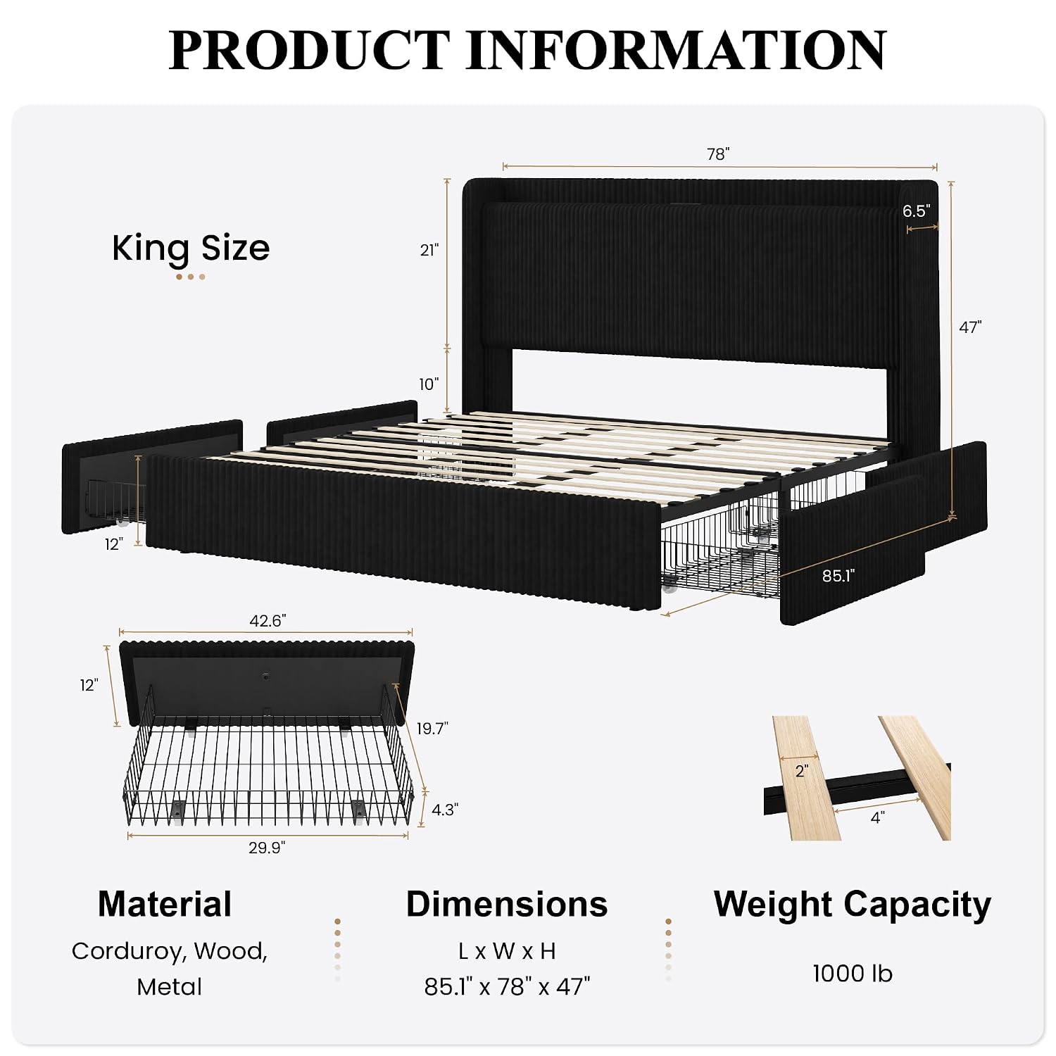 特大収納引き出し4つ付きキングサイズベッドフレーム、ブラック - King Size Bed Frame With Storage Drawers のレビューと価格