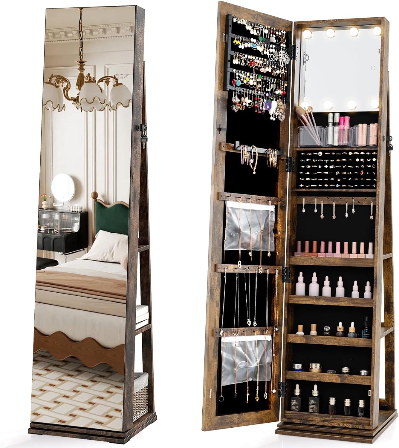 回転式ジュエリーアルモア 全身鏡 照明付きメイクアップミラー - Full Length Mirror Jewelry Armoire のレビューと価格