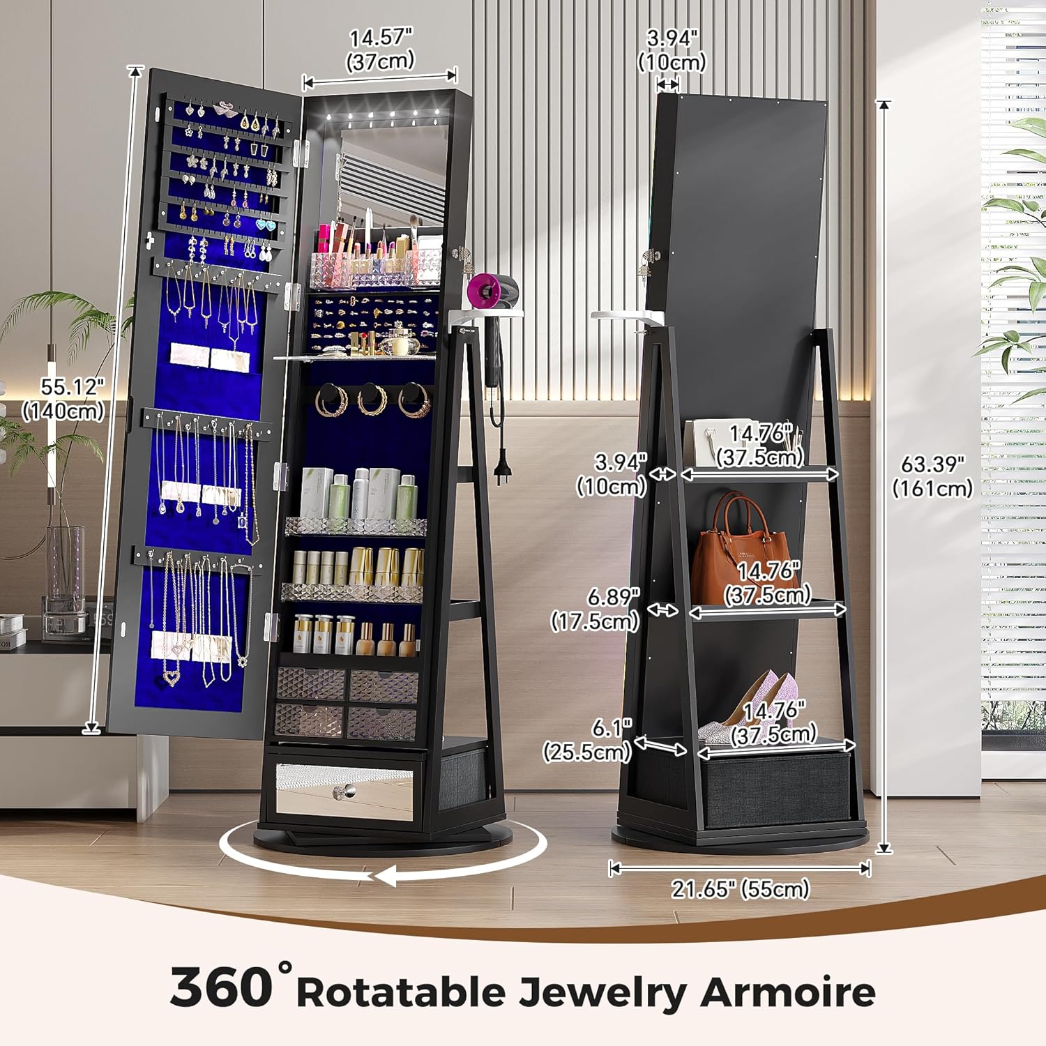 LED全身鏡付きジュエリー収納キャビネット、360 °    - Full Length Mirror Jewelry Armoire のレビューと価格