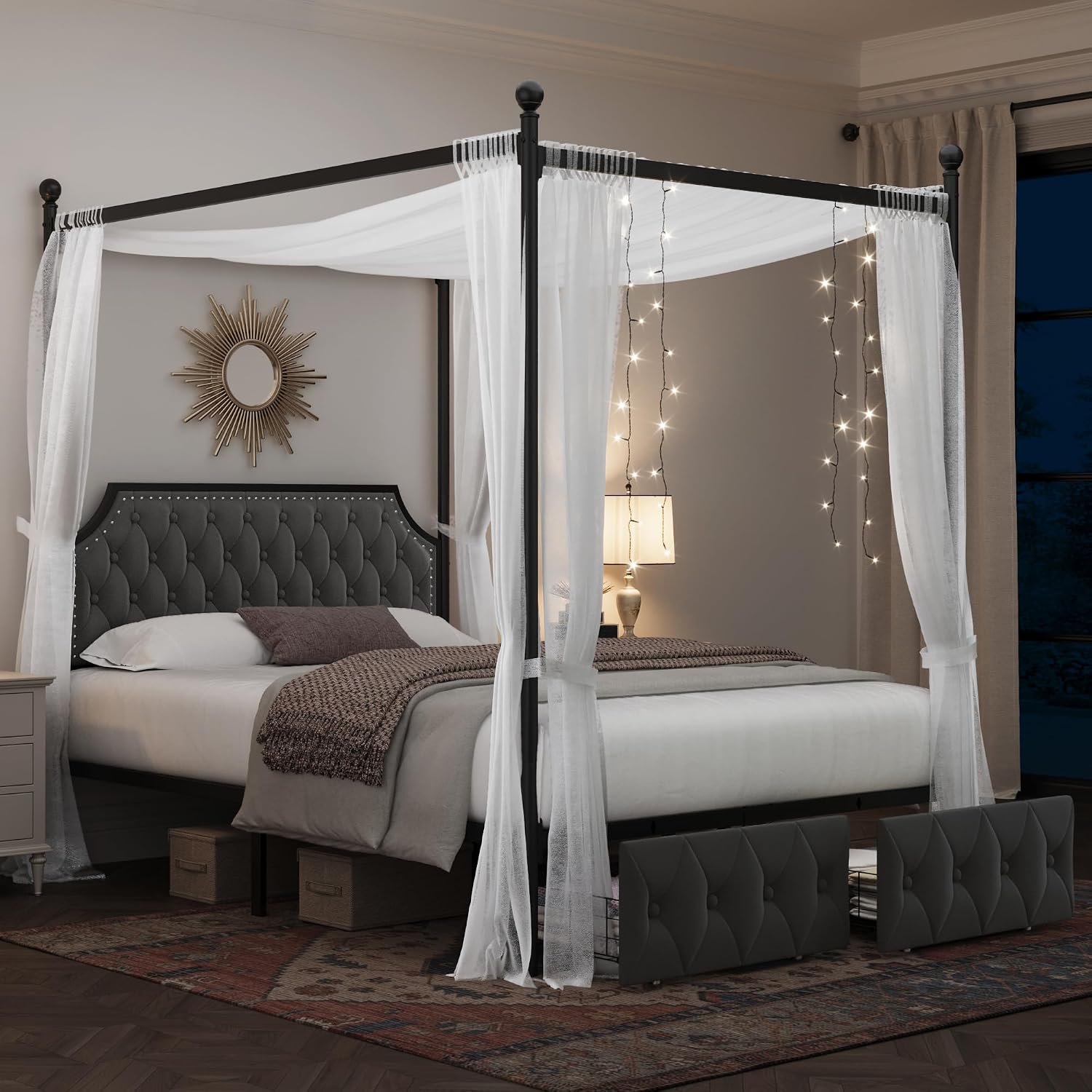 クイーンサイズのキャノピーベッドフレーム、収納引き出しとタフ - Canopy Bed Frame Metal Queen のレビューと価格