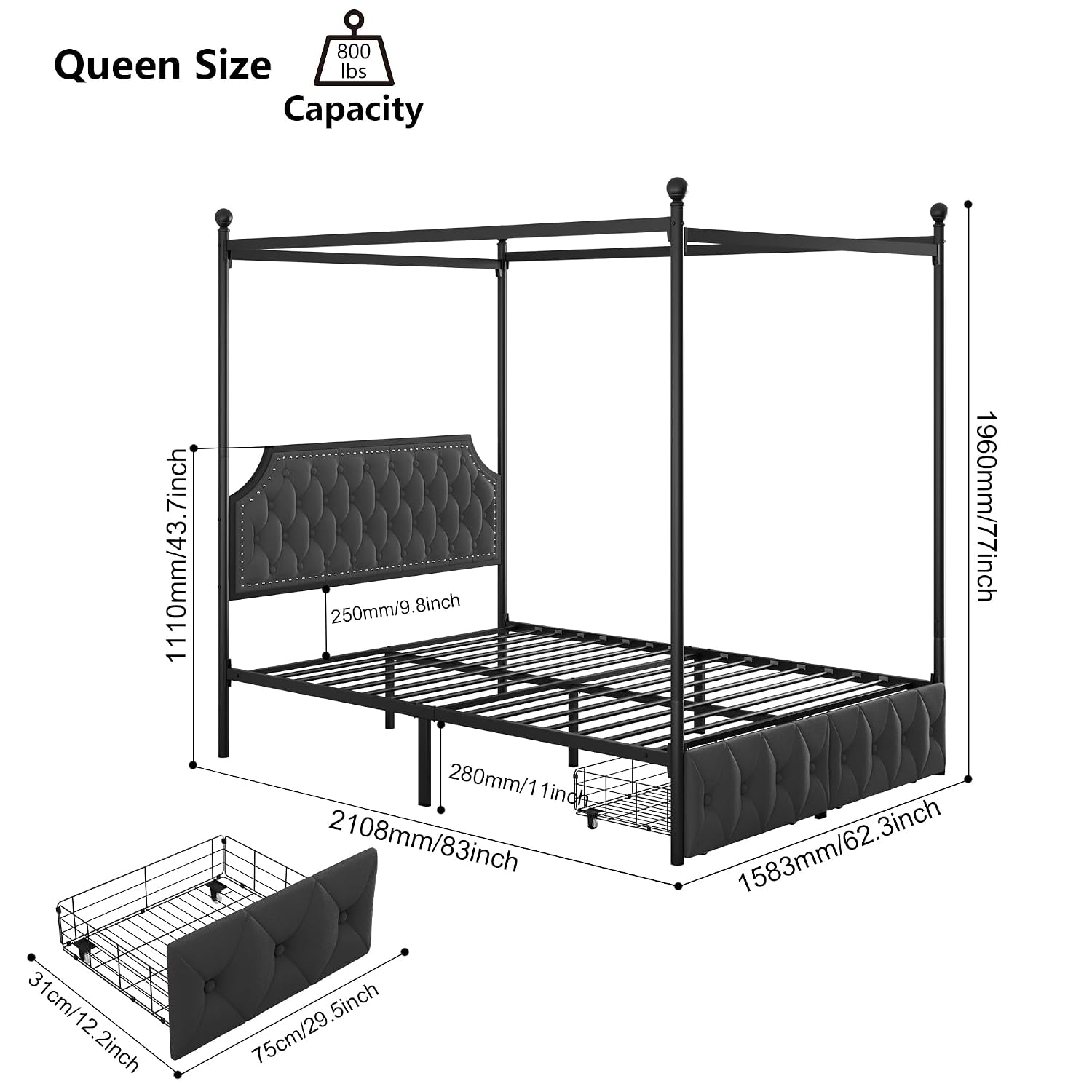クイーンサイズのキャノピーベッドフレーム、収納引き出しとタフ - Canopy Bed Frame Metal Queen のレビューと価格