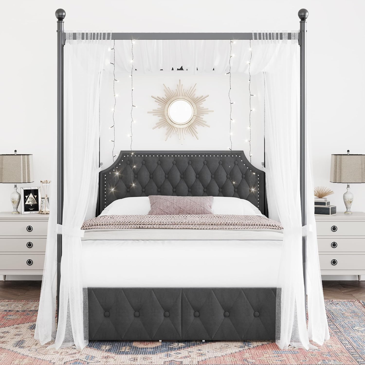 クイーンサイズのキャノピーベッドフレーム、収納引き出しとタフ - Canopy Bed Frame Metal Queen のレビューと価格