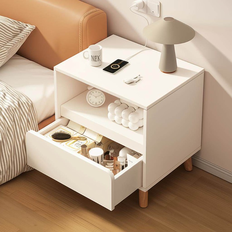 白いベッドサイドテーブル 引き出し付きベッドルーム収納キャビ - Solid Wood Nightstand 2 Drawers のレビューと価格