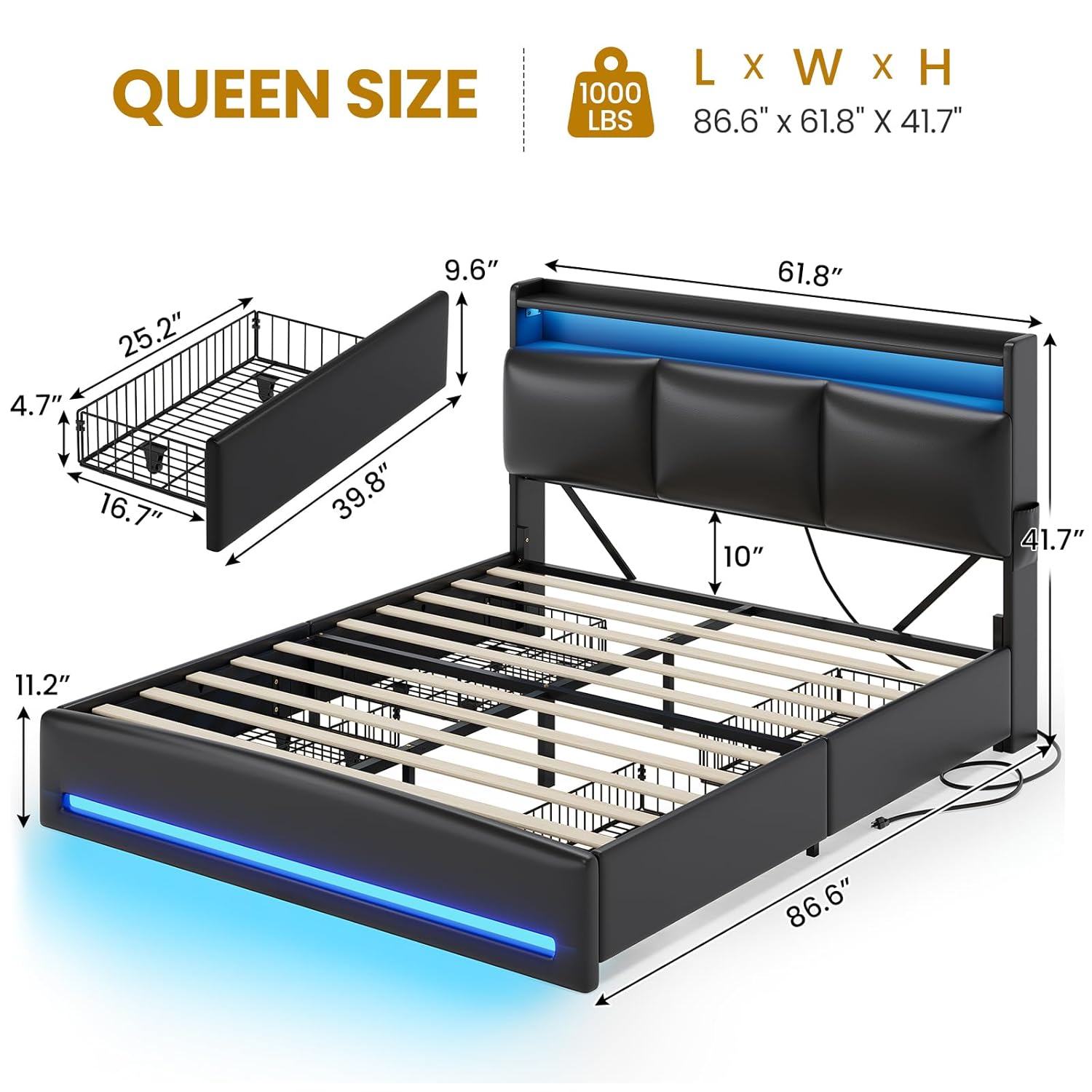 クイーンサイズの収納付きヘッドボードと充電ステーション付き革 - Canopy Bed Frame Metal Queen のレビューと価格
