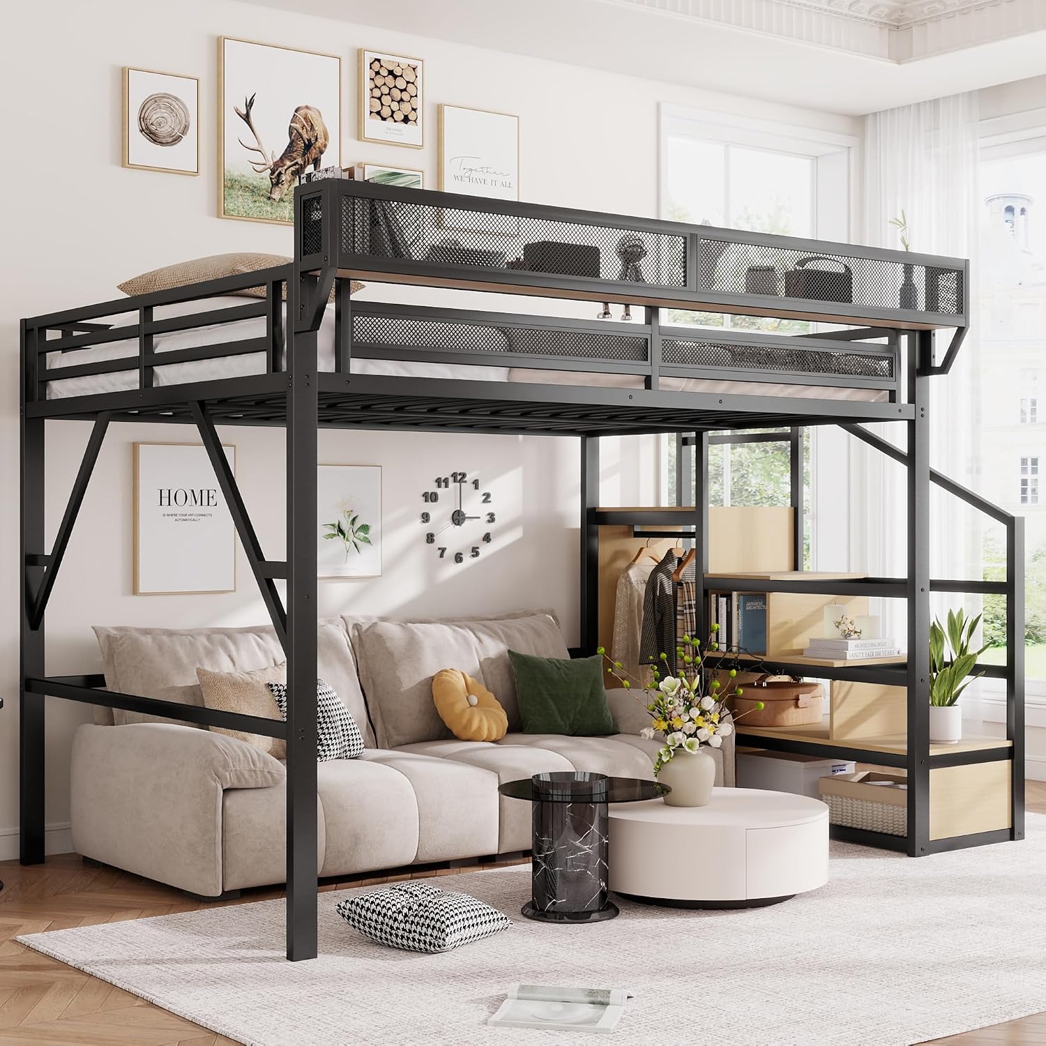クイーンサイズロフトベッド（階段と収納付き）、メタルロフトベ - Canopy Bed Frame Metal Queen のレビューと価格