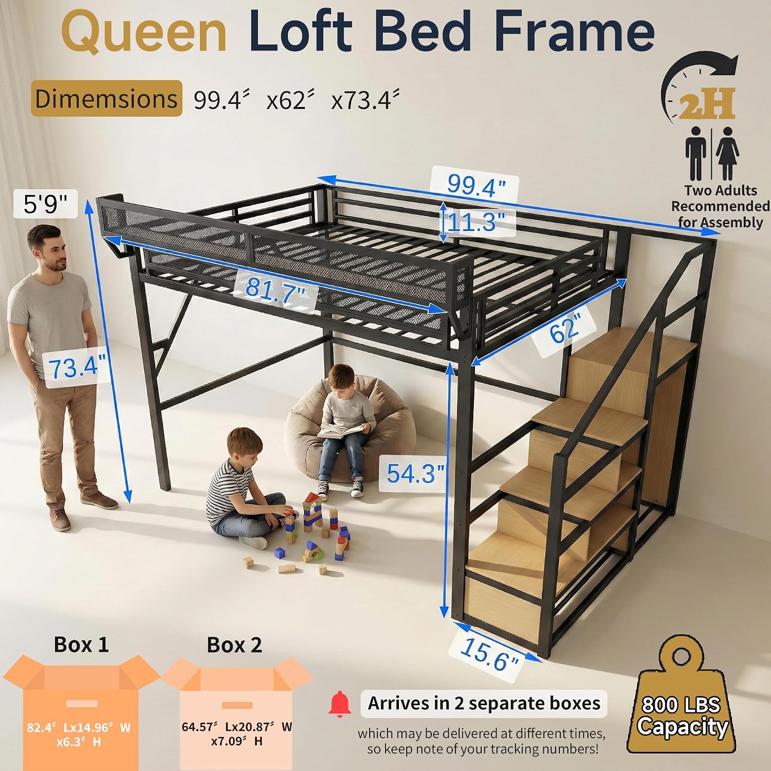 クイーンサイズロフトベッド（階段と収納付き）、メタルロフトベ - Canopy Bed Frame Metal Queen のレビューと価格