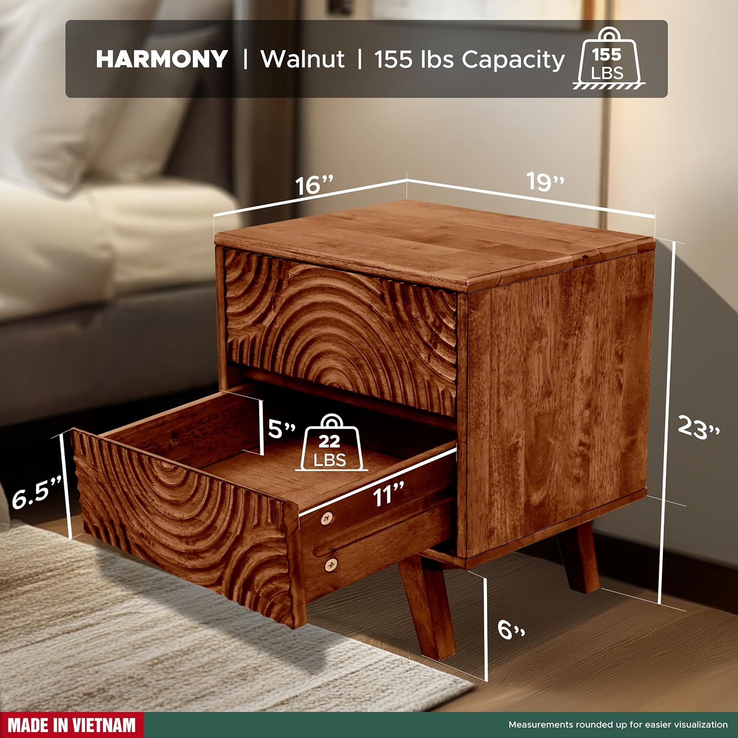 アカシア無垢材製ナイトスタンド（引き出し2つ付き）、ウォール - Solid Wood Nightstand 2 Drawers のレビューと価格