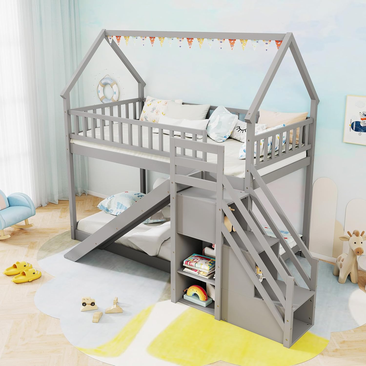 ツインオーバーツイン二段ベッド、スライド階段と収納棚付き、子 - Bunk Bed With Stairs And Slide のレビューと価格