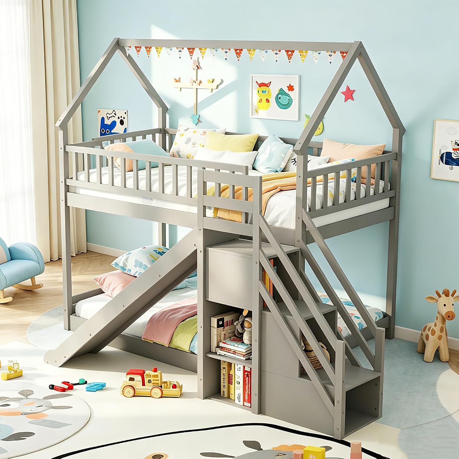 ツインオーバーツイン二段ベッド、スライド階段と収納棚付き、子 - Bunk Bed With Stairs And Slide のレビューと価格