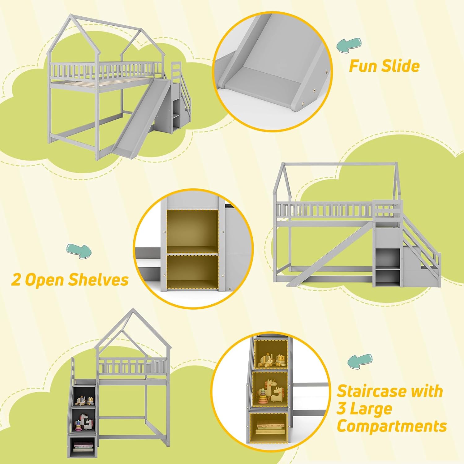ツインオーバーツイン二段ベッド、スライド階段と収納棚付き、子 - Bunk Bed With Stairs And Slide のレビューと価格