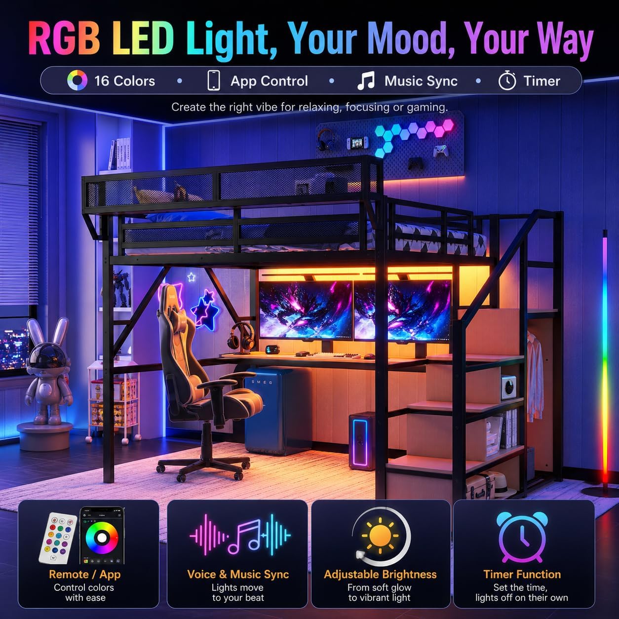 ミライトーン クイーンロフトベッド デスクとRGBライト付き - Canopy Bed Frame Metal Queen のレビューと価格