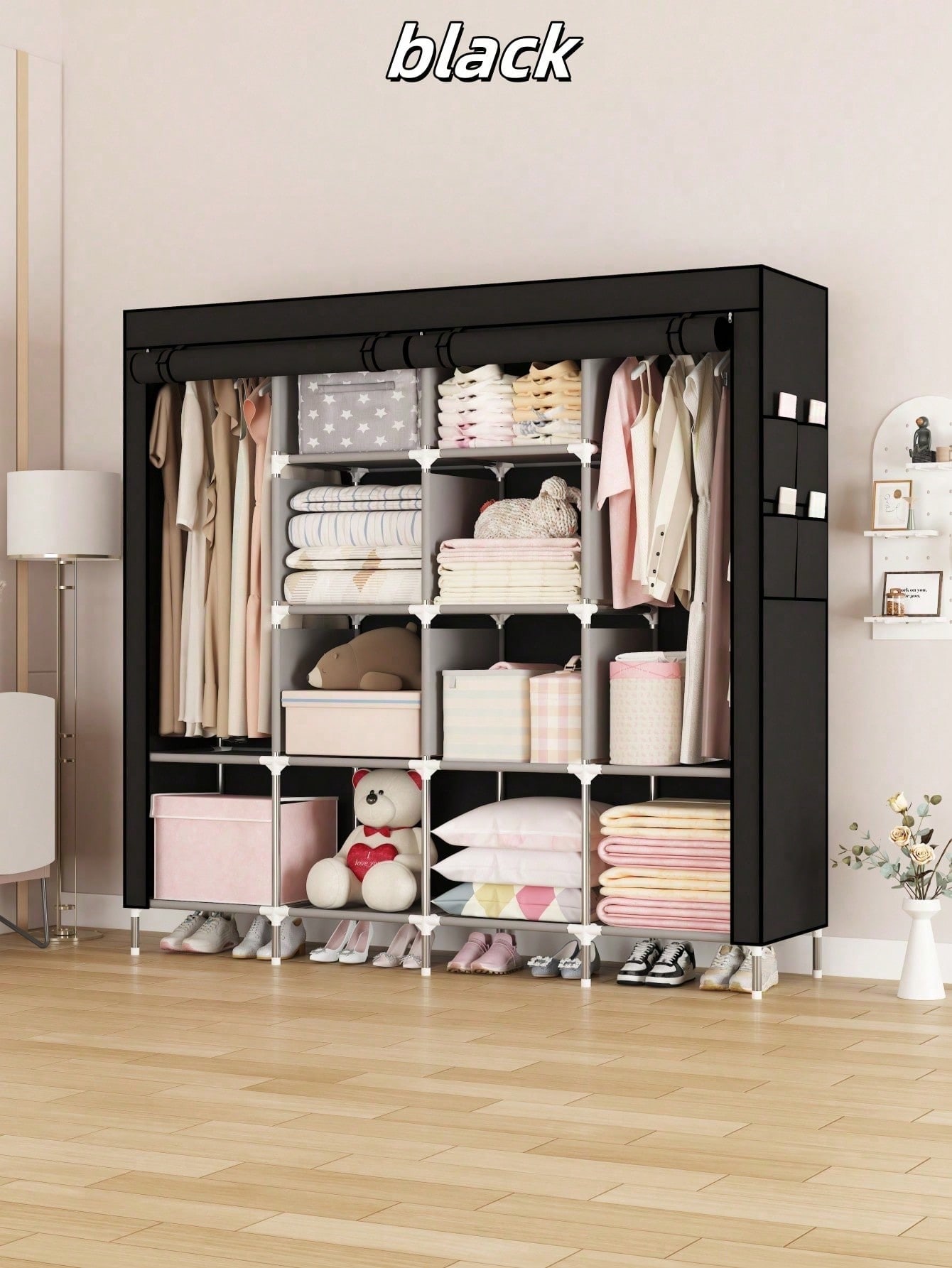 大型ポータブルクローゼットワードローブ、モダンな黒い布製衣類 - Wardrobe Closet Portable Fabric Cover のレビューと価格