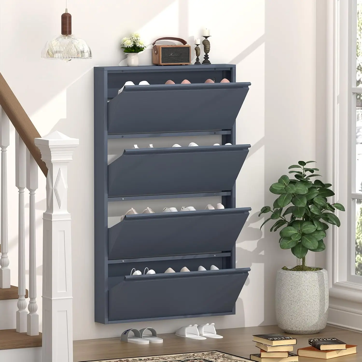 4つのフリップ式引き出し付きシューズキャビネット、玄関用スリ - Shoe Rack Cabinet Narrow Entryway のレビューと価格