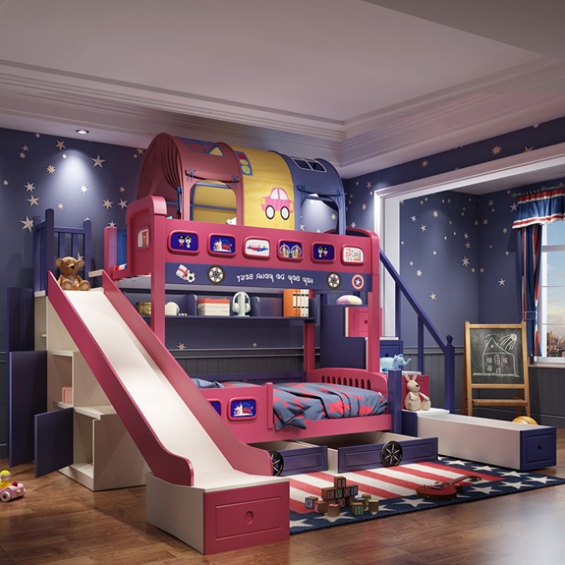 モダンスタイルの幼児用ベッドフレーム、スライド式シングルベッ - Bunk Bed With Stairs And Slide のレビューと価格